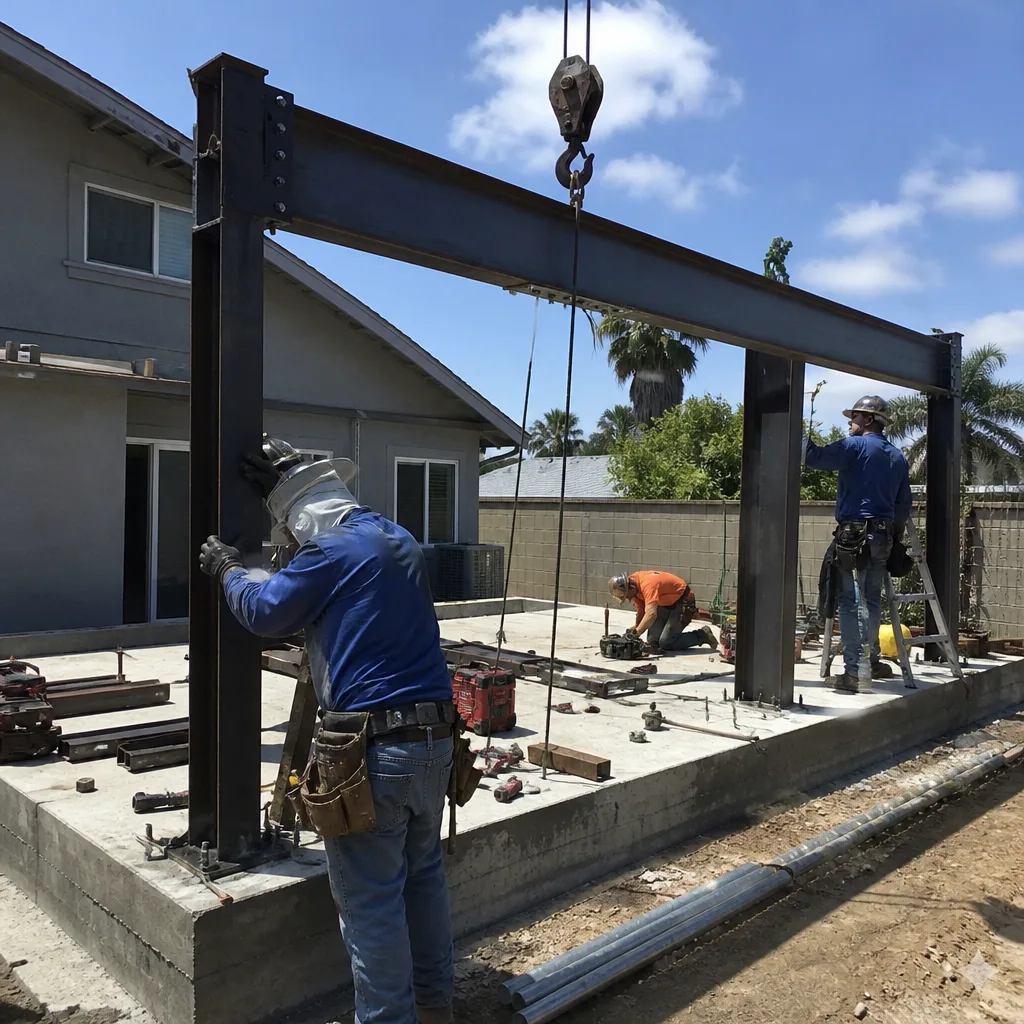 Construction workers assembling a steel frame for an ADU building project