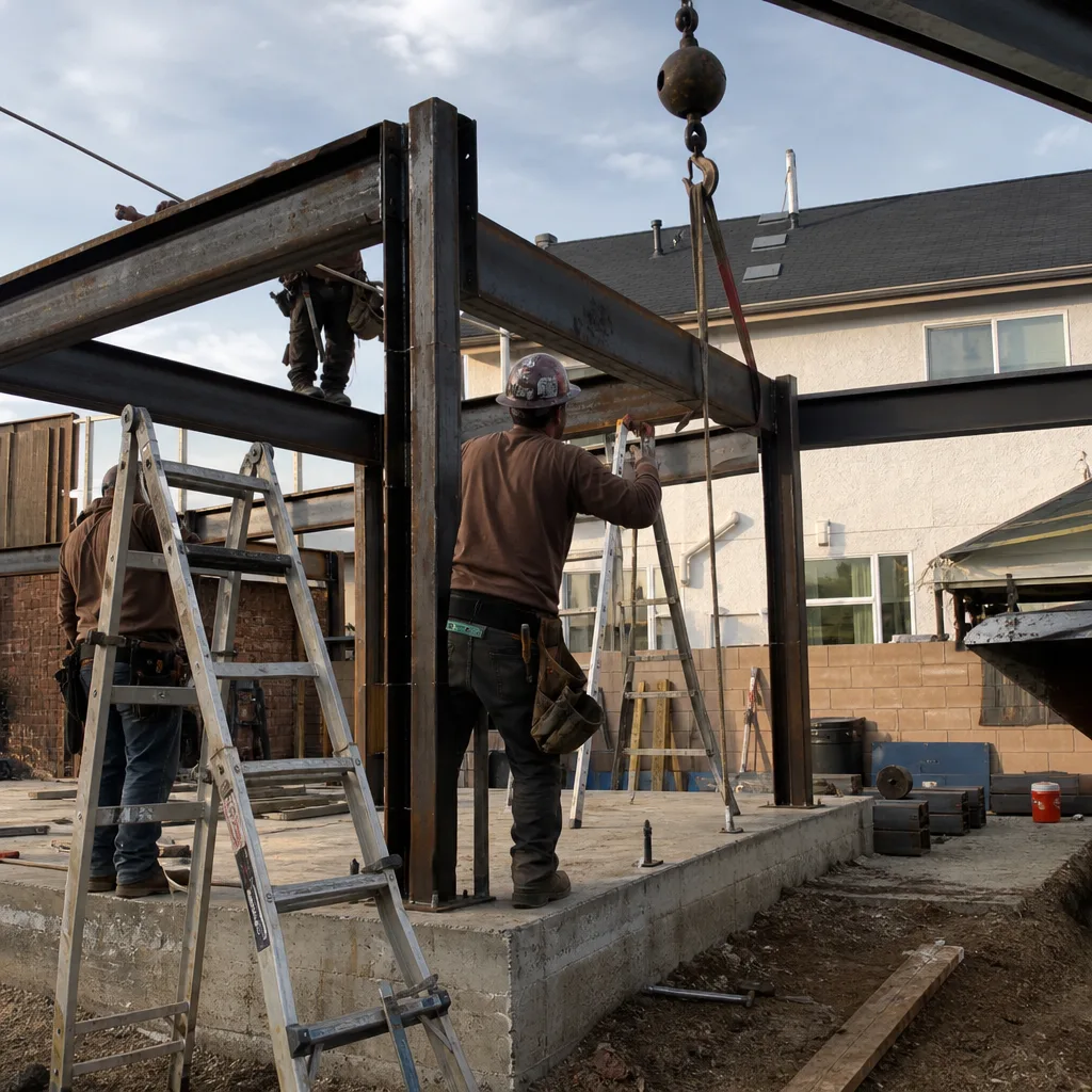 Construction crew installing steel framework for a backyard ADU project