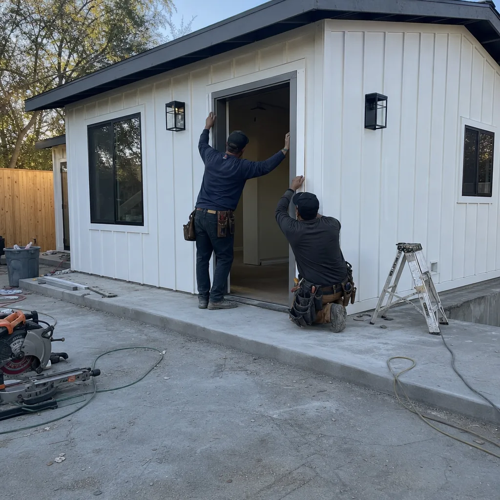 Two professional contractors installing an exterior door on an ADU building